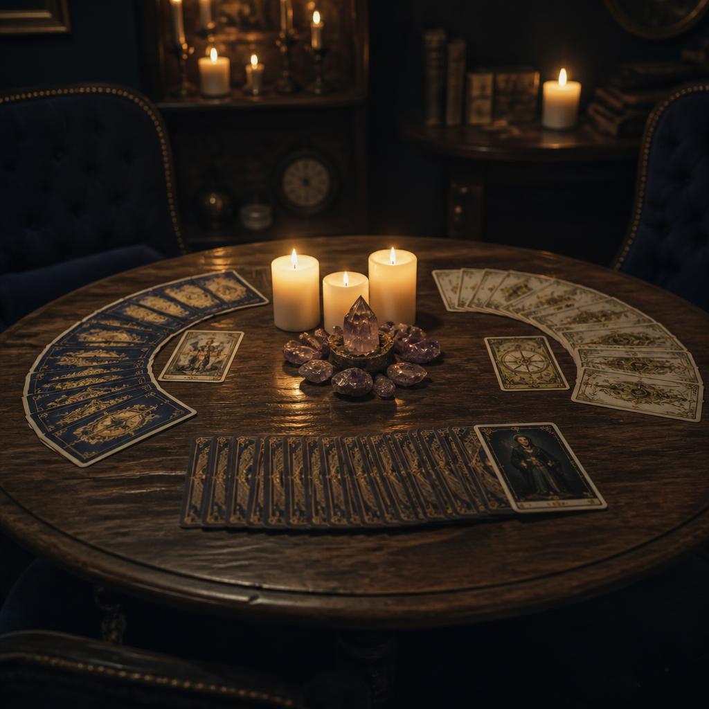 Round reading table set with multiple tarot decks and candles ready for a small group reading session