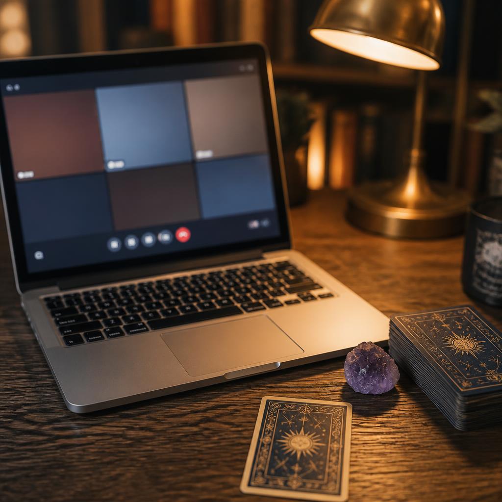 Reading studio desk with laptop screen glow, tarot deck, and amethyst arranged for a virtual Zoom reading