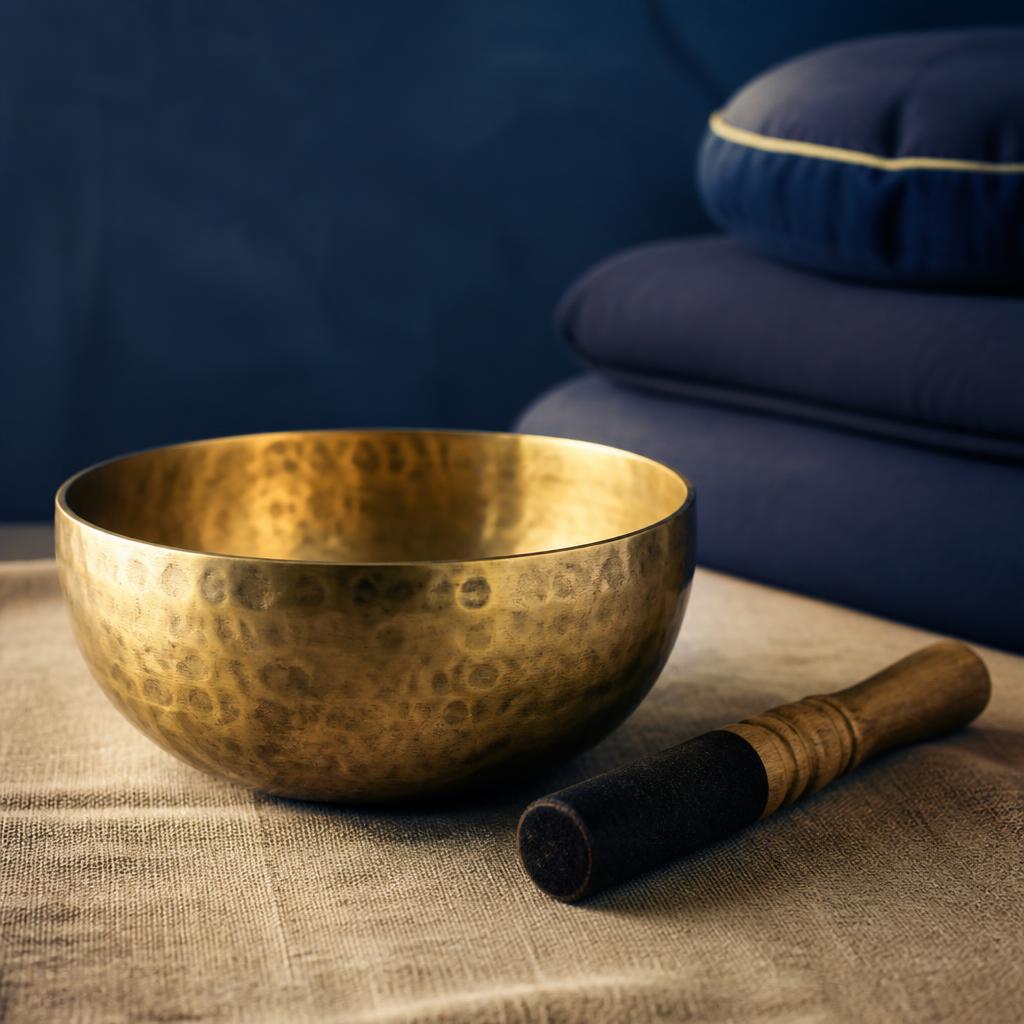 Tibetan singing bowl with wooden mallet on linen cloth prepared for a guided meditation session