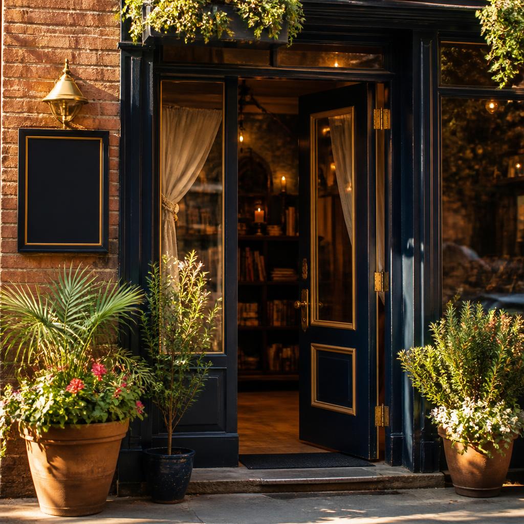 Sunlit storefront doorway of a Pittsfield psychic reading studio with open sign welcoming walk-in clients