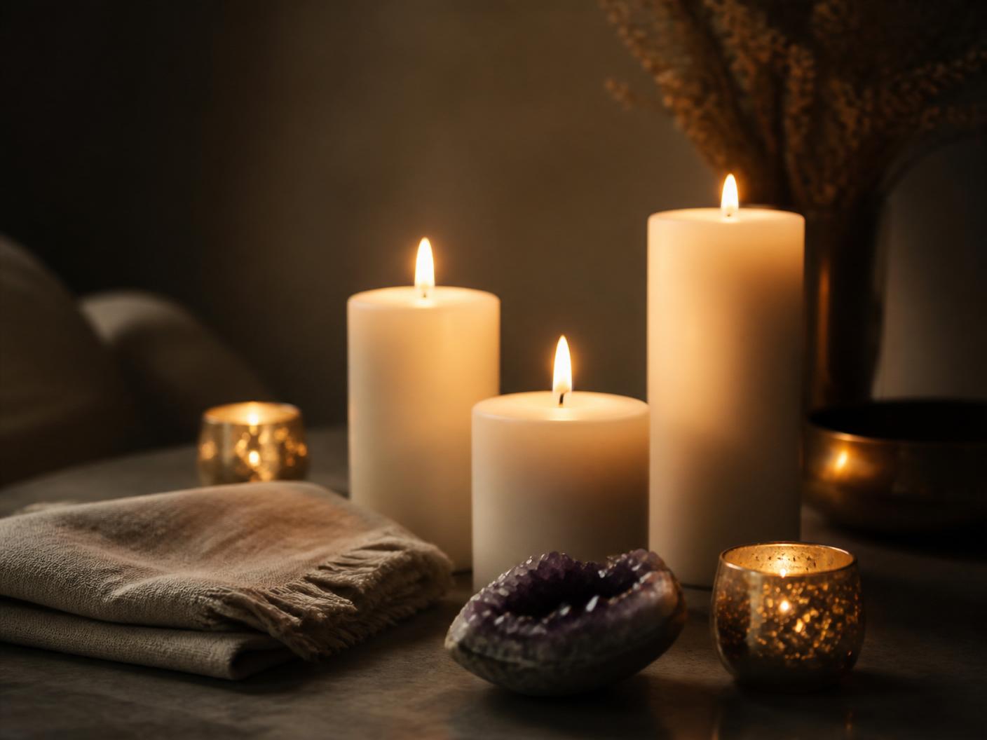 Serene meditation altar with candles and soft light in Elizabeth's faith-based reading space
