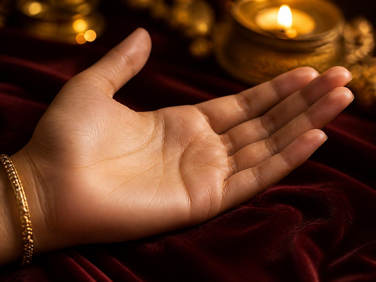 Close-up palmistry reading with polished wooden pointer tracing life line on open hand