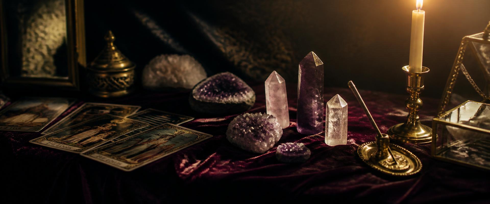 Panoramic display of raw natural crystals — obsidian, black tourmaline, amethyst, clear quartz and rose quartz — on weathered wood in warm window light