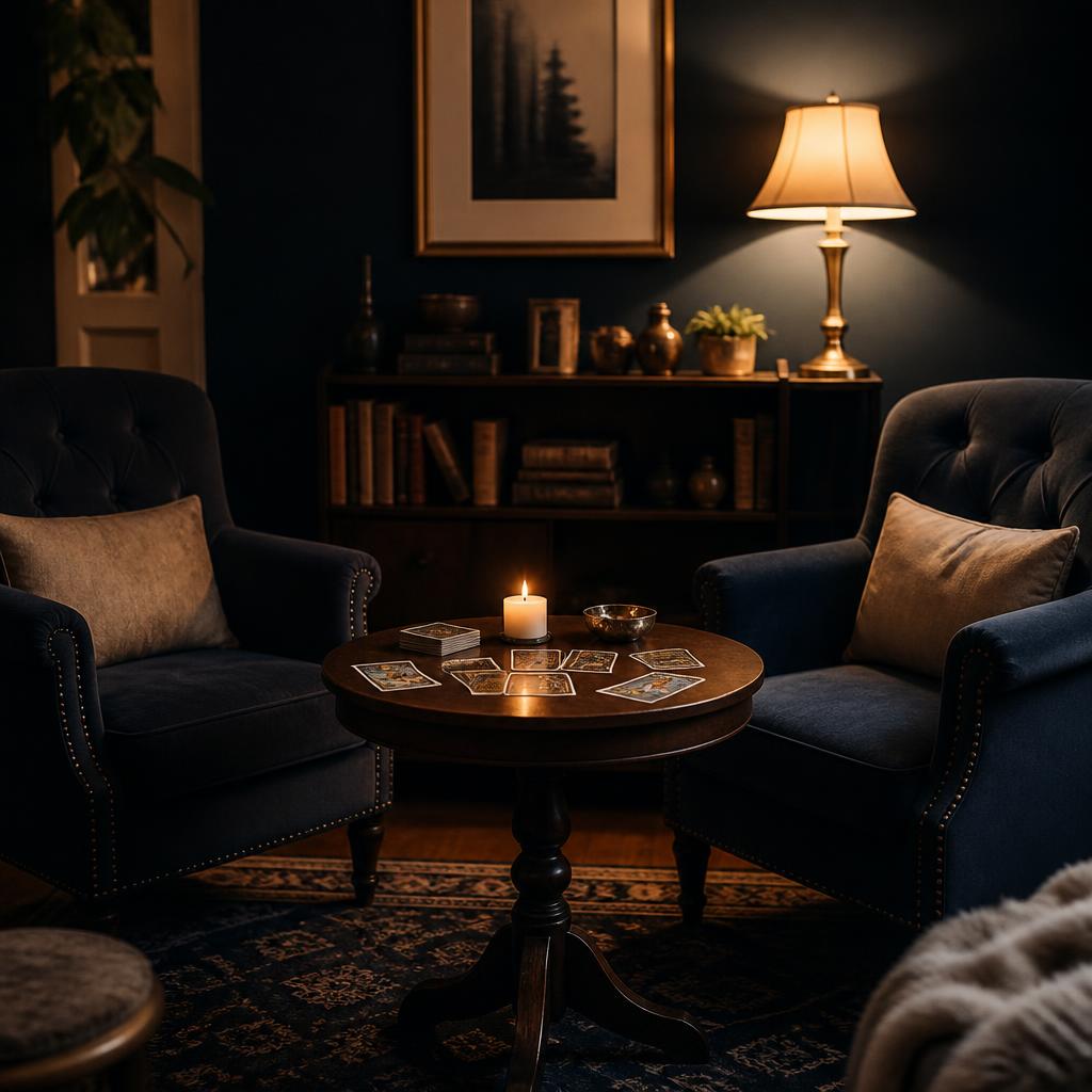 Quiet Pittsfield studio reading room with upholstered chairs and soft lamplight for a private in-person psychic appointment