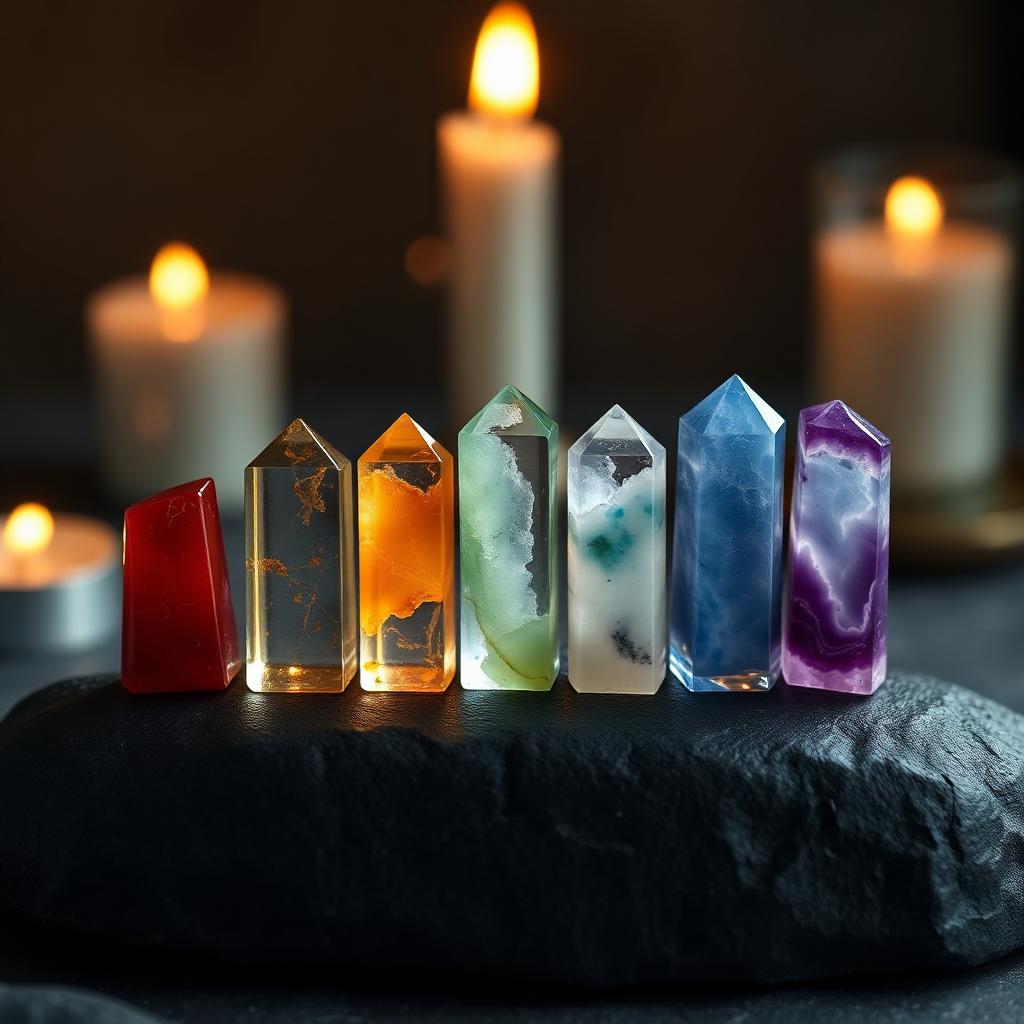 Seven chakra stones aligned in a row for a chakra balancing energy session
