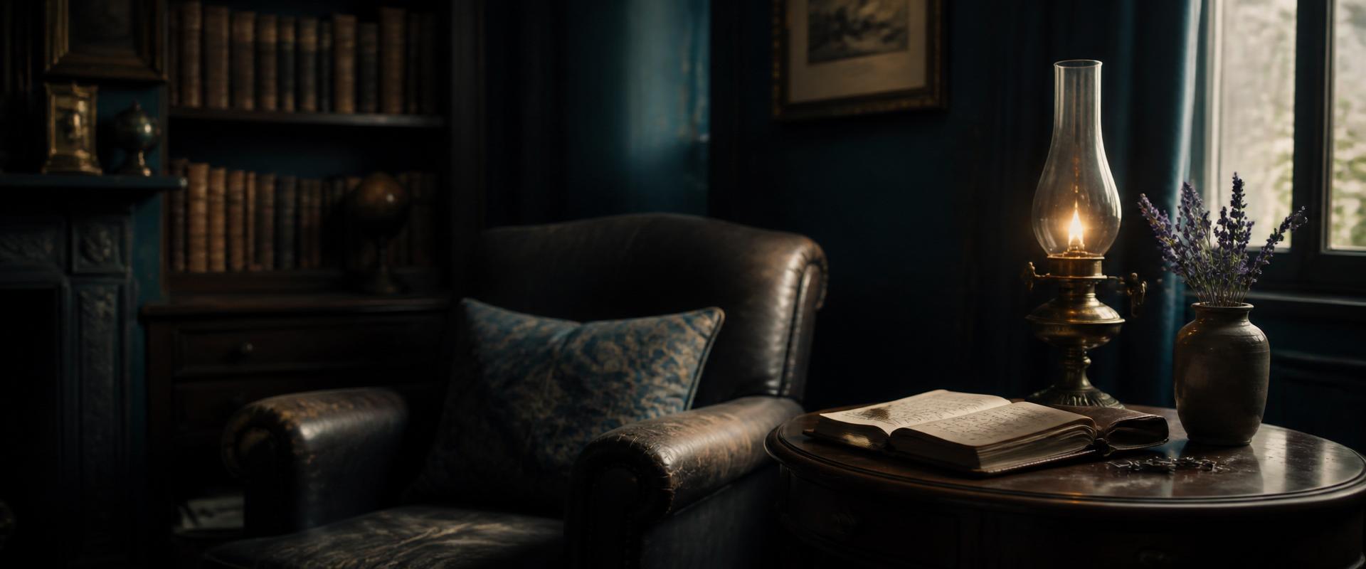 Warm antique reading room with leather armchair, brass oil lamp, open leather journal and dried lavender by a sunlit window