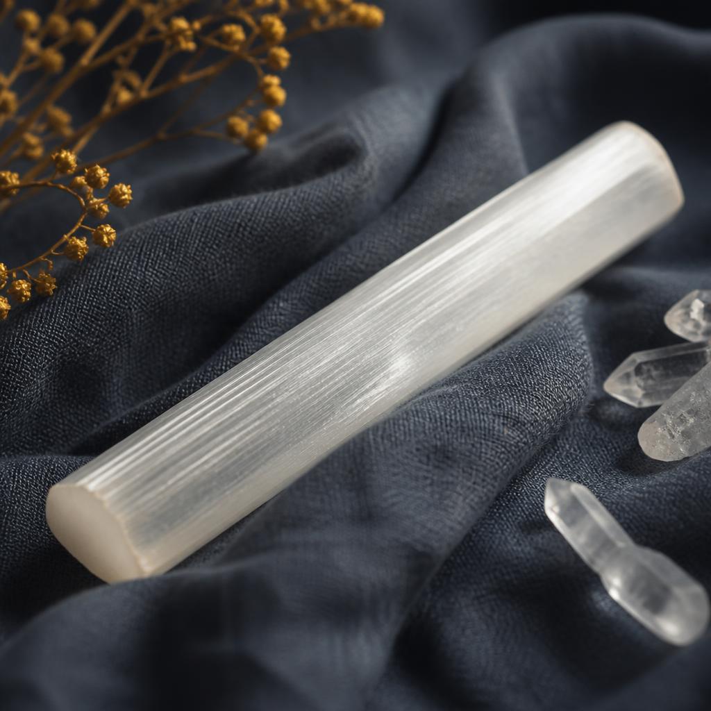 Natural selenite crystal wand used for chakra cleansing and aura clearing sessions