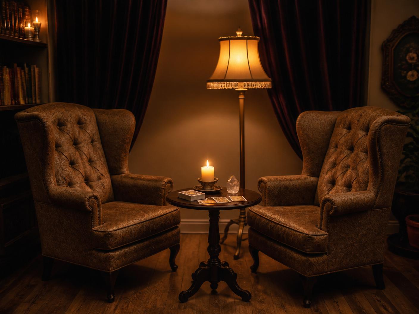 Quiet private reading room with two chairs and warm lamplight offering a fully confidential setting
