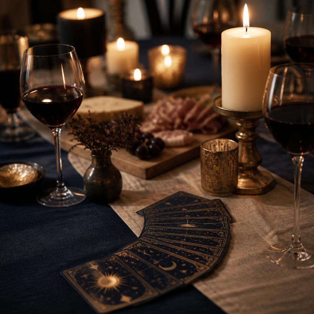 Warm gathering table with candles, wine glasses, and tarot cards set for a social event reading experience