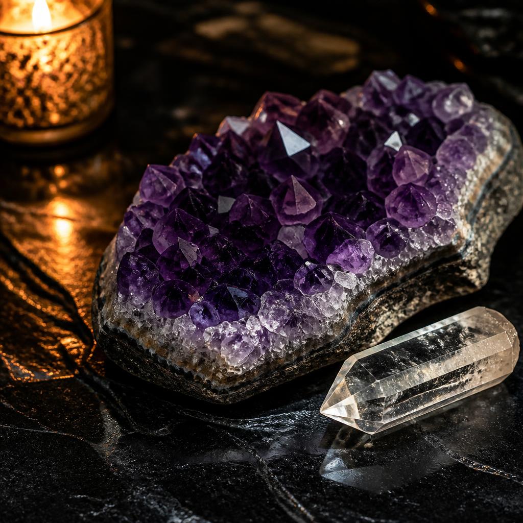 Raw amethyst and clear quartz crystals arranged for a crystal reading session on dark stone surface