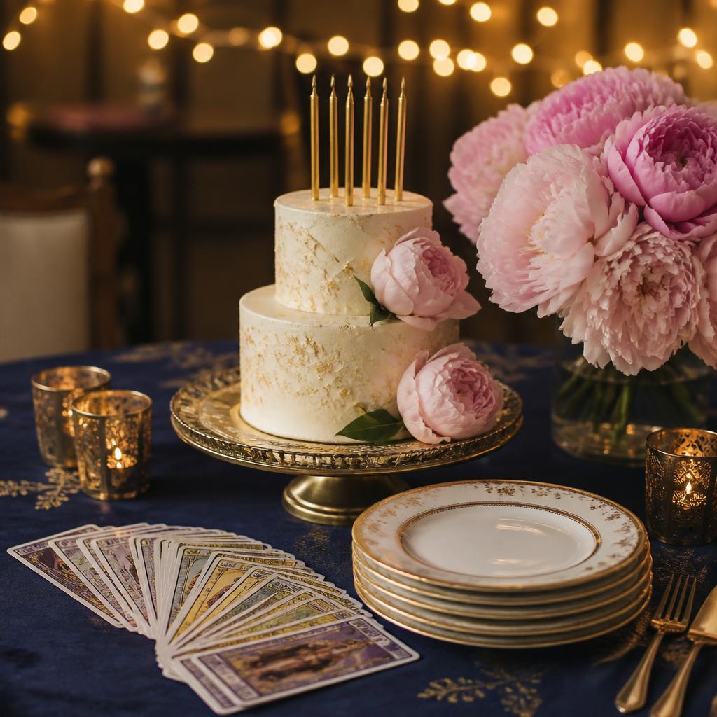 Elegant birthday celebration table with candles, floral arrangement, and tarot deck for a private psychic reading party