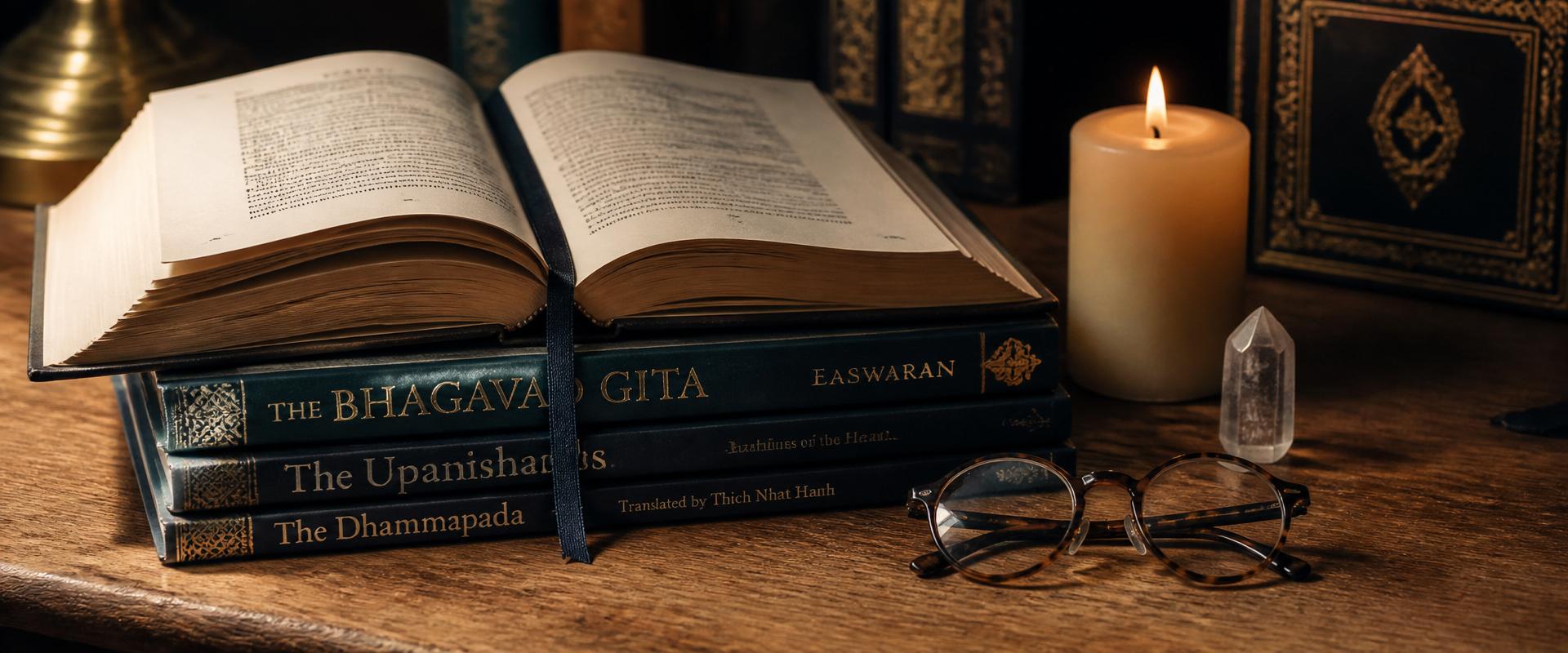 Quiet library nook with open leather book, round wire-rim reading glasses and warm brass reading lamp glowing by a sunlit window