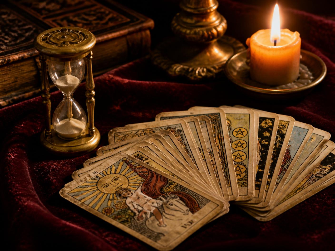 Elizabeth's hands laying out a Rider-Waite tarot spread on burgundy velvet in her Pittsfield studio