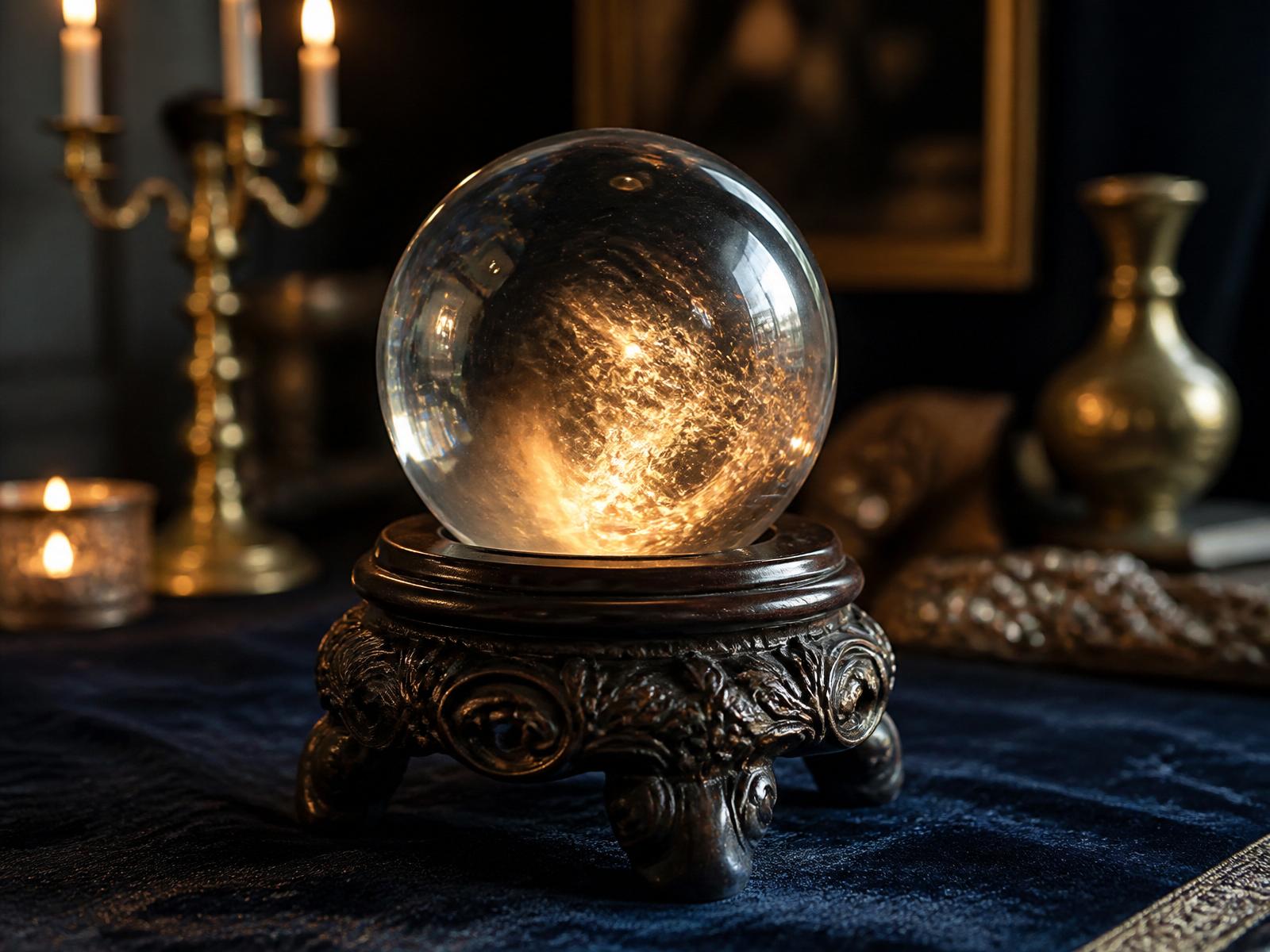 Polished crystal ball on carved wooden stand catching candlelight for a premonition reading