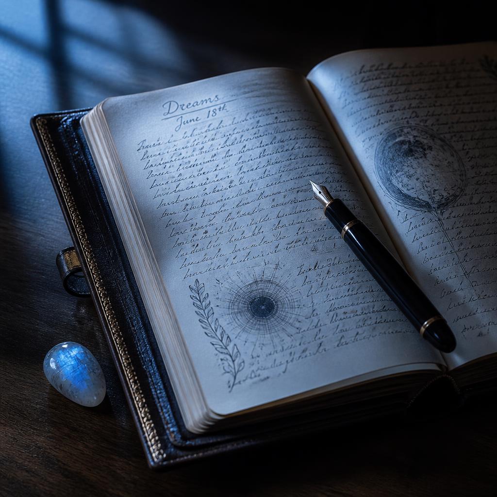 Leather-bound dream journal with fountain pen and moonstone crystal on wooden desk for dream interpretation