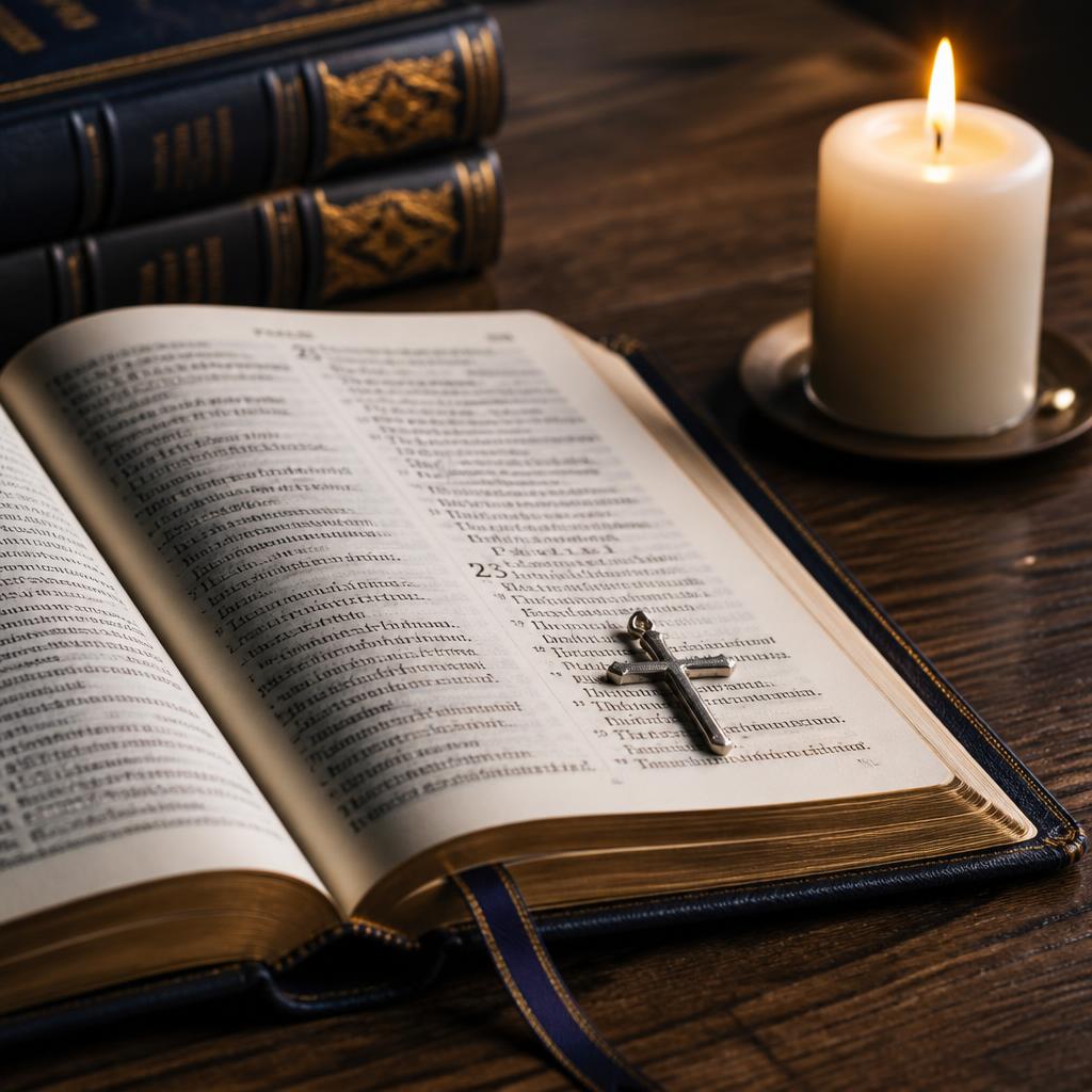 Open leather-bound spiritual guidance book with soft candlelight and a small wooden cross