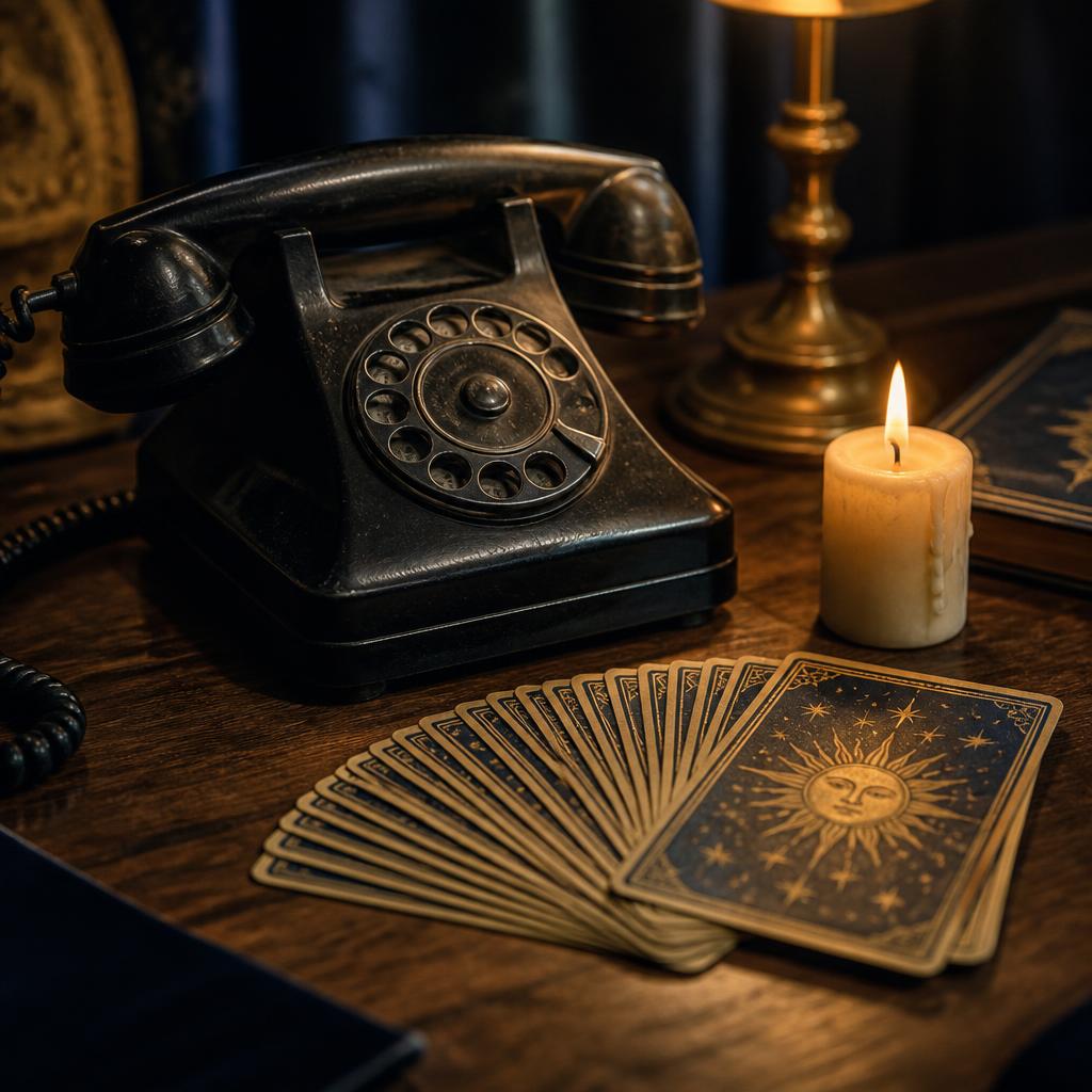 Classic telephone on a reading desk beside tarot deck and amethyst for a confidential $95 phone psychic consultation