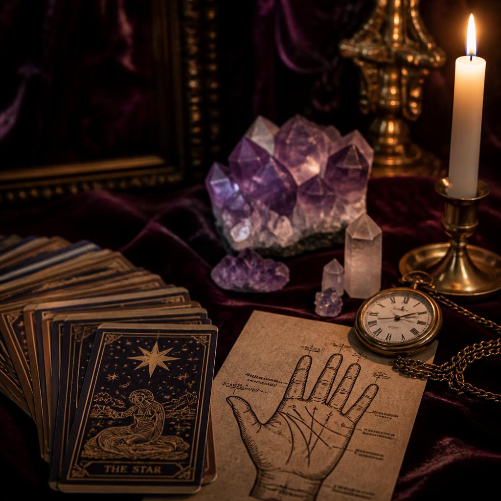 Full private-event reading setup with tarot deck, palm chart, crystals, and heirloom object on candlelit velvet table