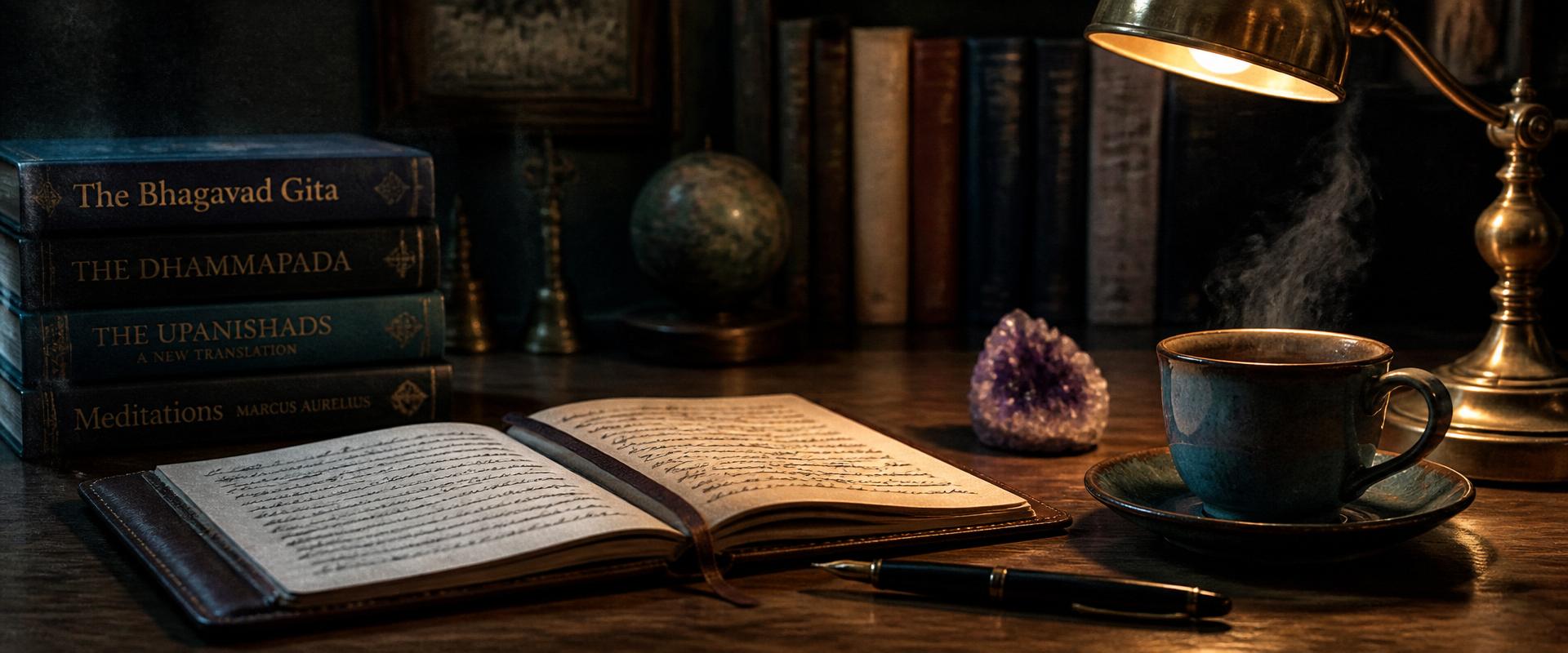 Writing desk with open leather notebook, fountain pen, pressed dried flowers and a ceramic mug of tea in warm morning window light