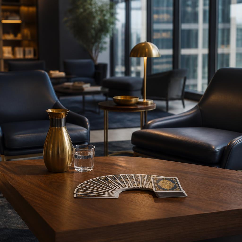 Modern corporate lounge with clean lighting and tarot deck set up for a sophisticated executive team reading event