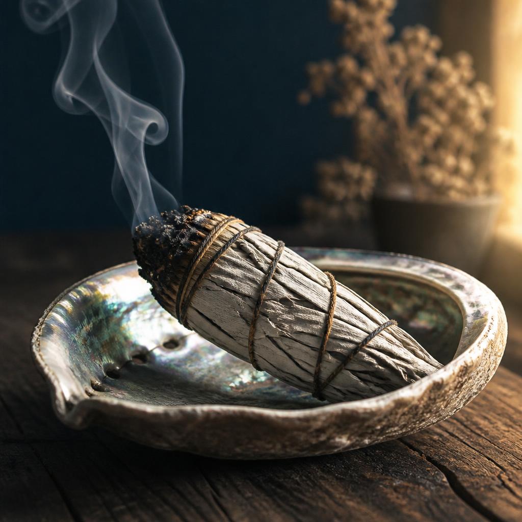 White sage smudge bundle smoldering with soft smoke for a whole-body energy cleansing ritual