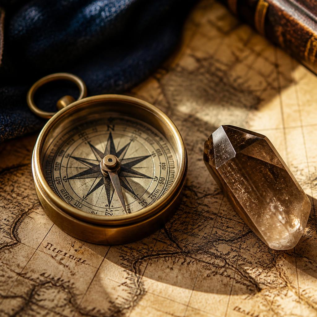 Vintage brass compass resting on a hand-drawn map beside a smoky quartz stone for life guidance readings
