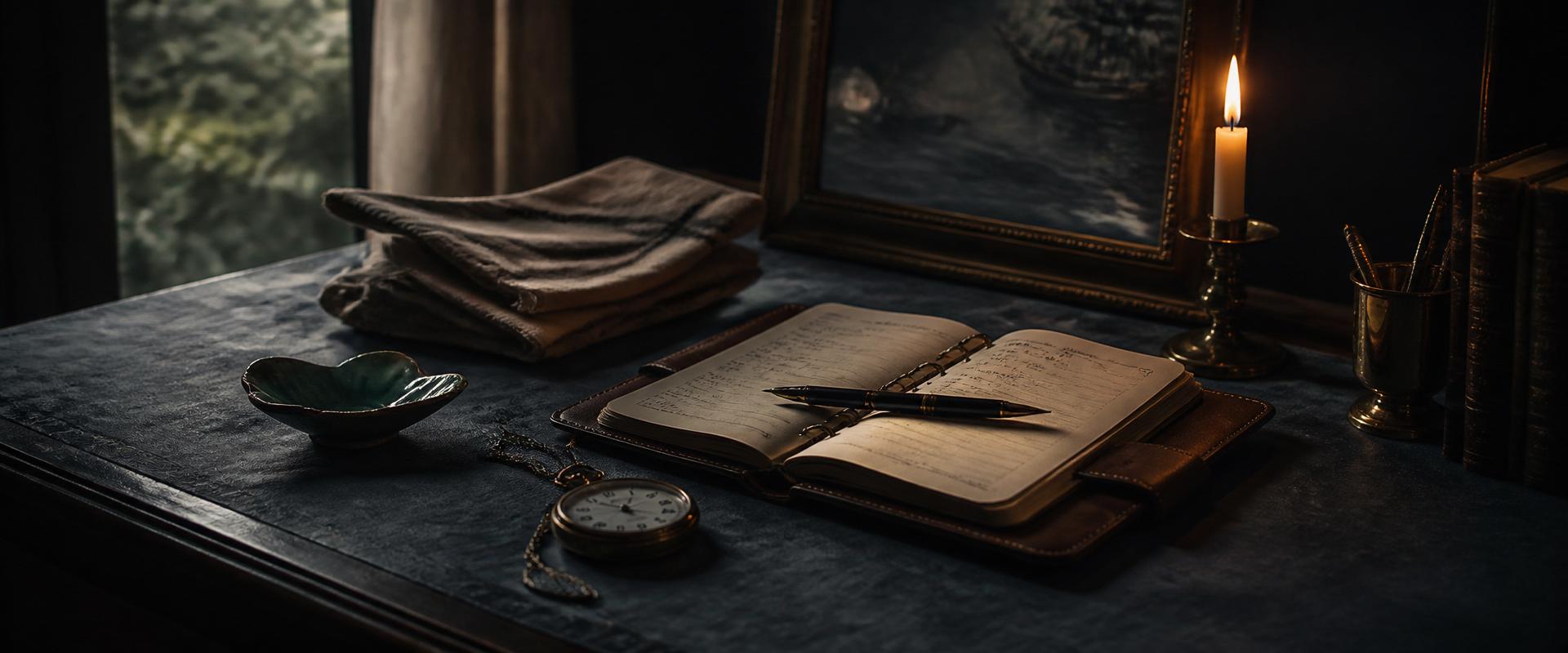 Wooden desk with vintage brass balance scale, stacked antique leather-bound ledgers and engraved wooden appointment blocks in soft window light