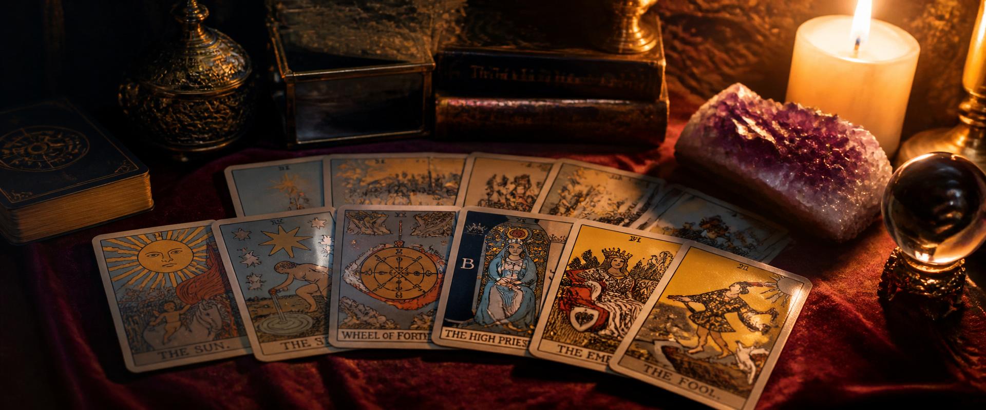 Tarot card spread on burgundy velvet beside smoky quartz crystal and warm candlelight in Pittsfield psychic reading studio