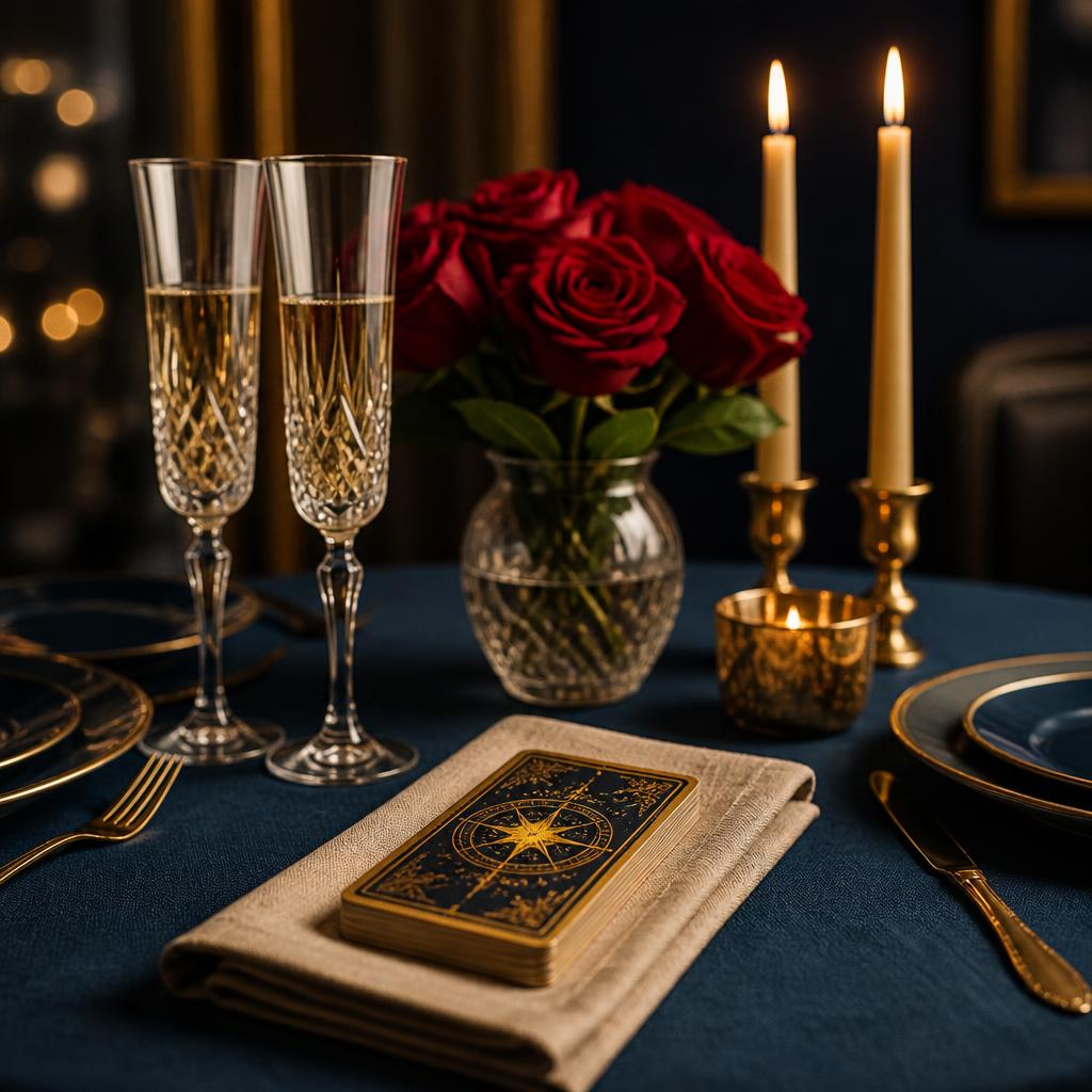 Anniversary celebration table with two champagne flutes, roses, and tarot deck for a private couples reading event