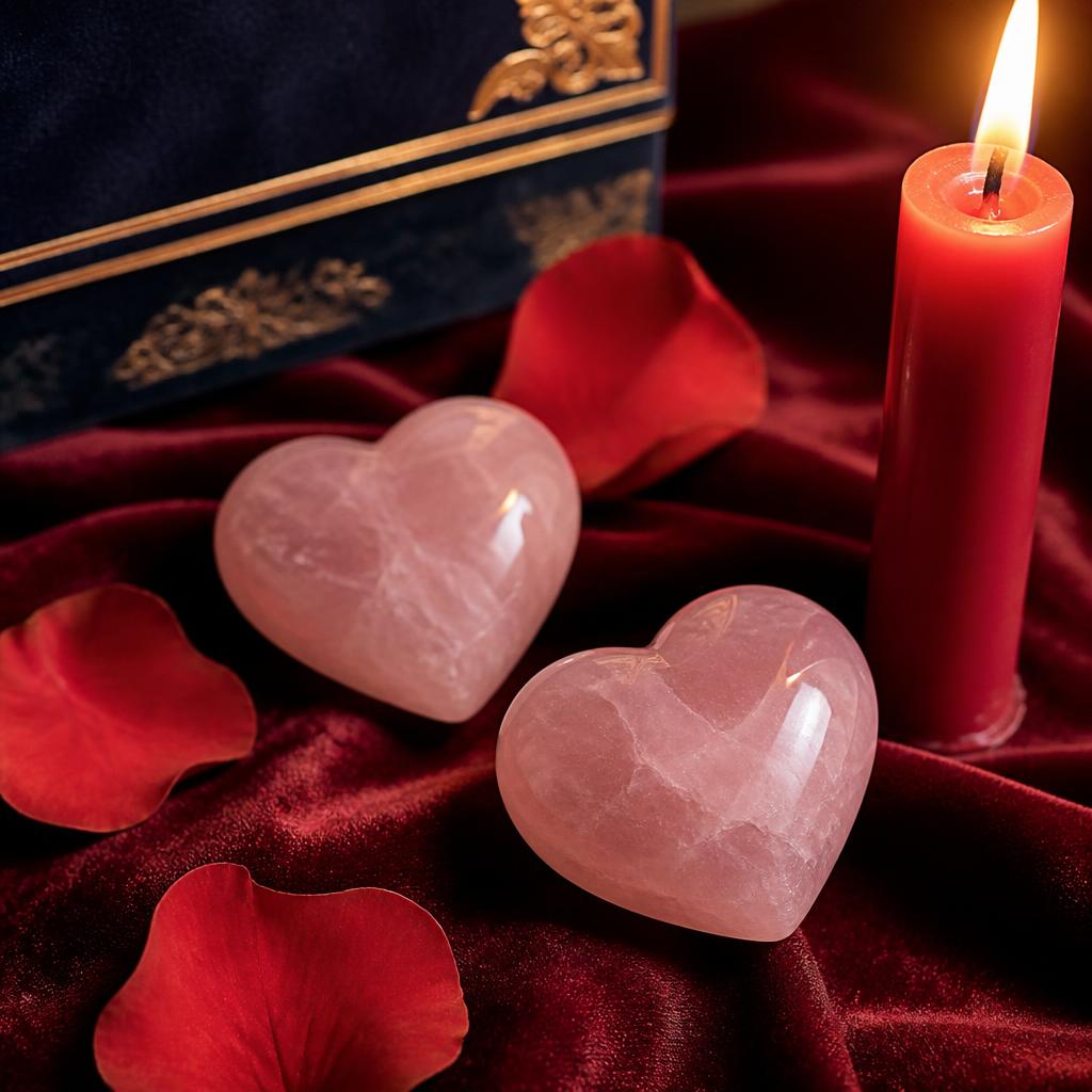 Two rose quartz hearts beside a red taper candle for a love and relationship reading