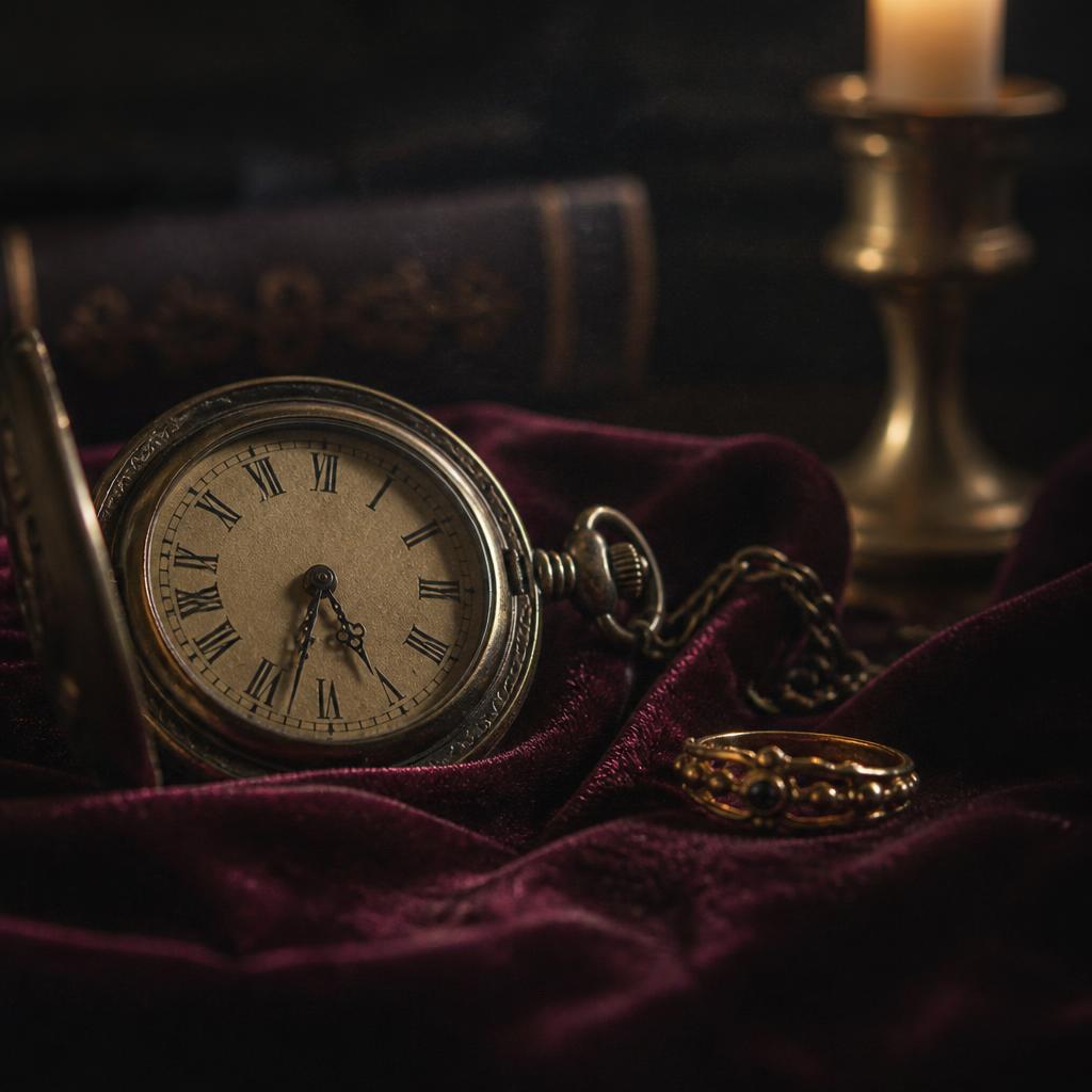 Antique pocket watch and heirloom ring on velvet cloth prepared for a psychometry object reading