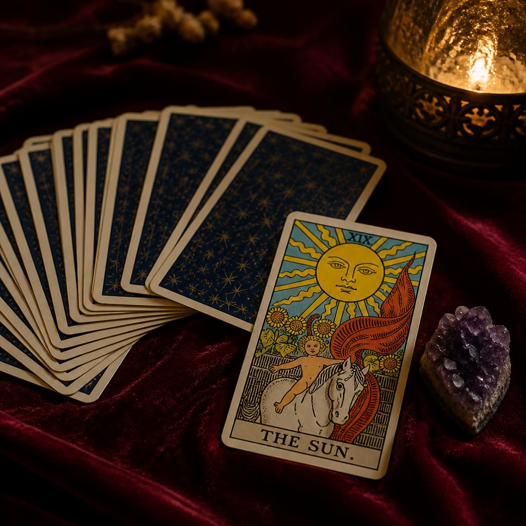 Full reading setup with tarot deck, crystals and candlelight for a combined tarot, palm, crystal and object reading
